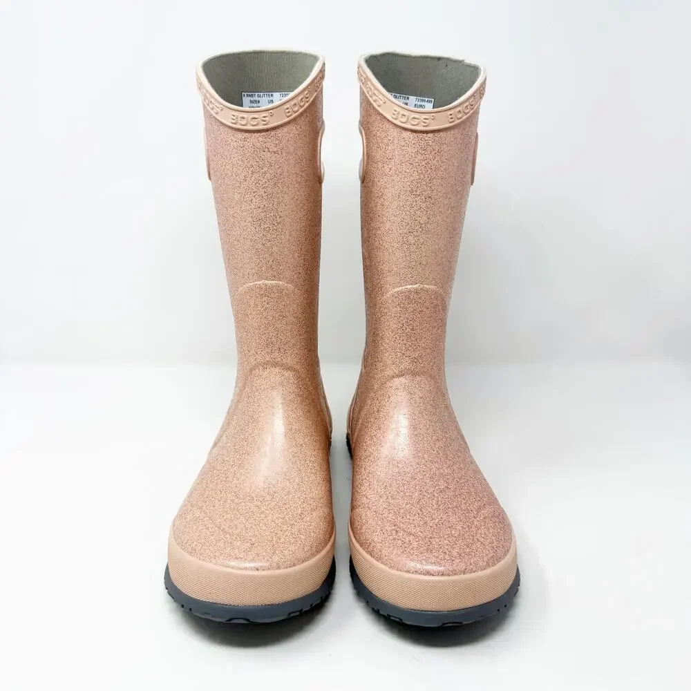 NWOB Bogs Pastel Pink Glitter Rubber Rainboots Girls Size 4 Pull On Waterproof